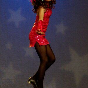 Women's Sequined Dance Costume With Dress, Hat w/Feathers, Gloves Size Adult Sm.